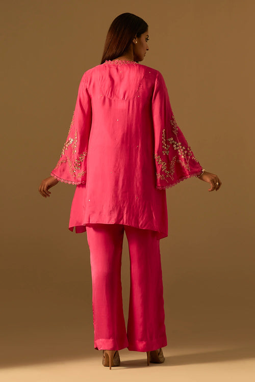 Floral Embroidered Silk Hot Pink Co-ord Set