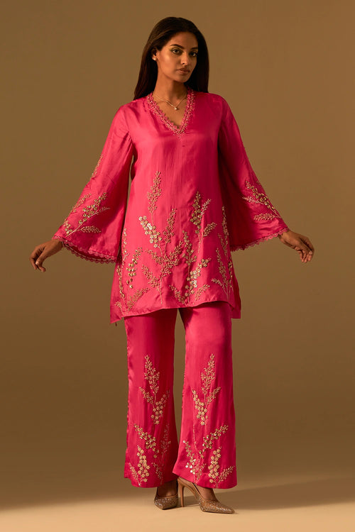 Floral Embroidered Silk Hot Pink Co-ord Set