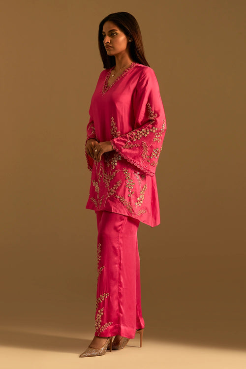 Floral Embroidered Silk Hot Pink Co-ord Set