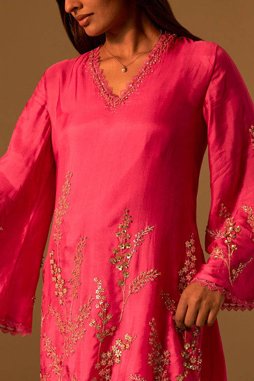 Floral Embroidered Silk Hot Pink Co-ord Set