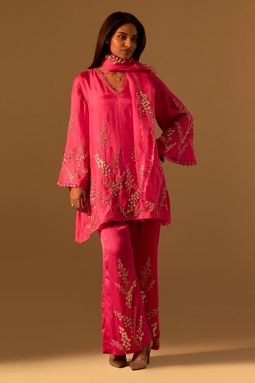 Hot Pink Hand-Embroidered Organza Dupatta