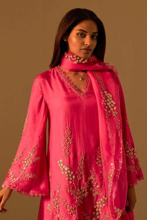 Hot Pink Hand-Embroidered Organza Dupatta