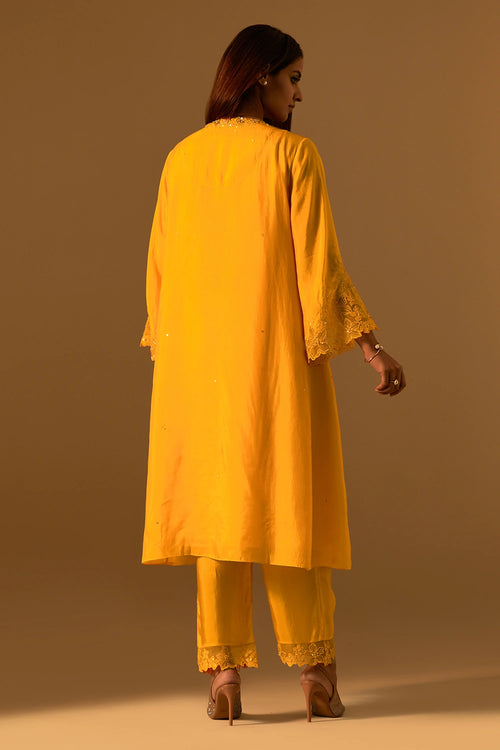 Saffron Floral Threadwork Organza Kurta Set