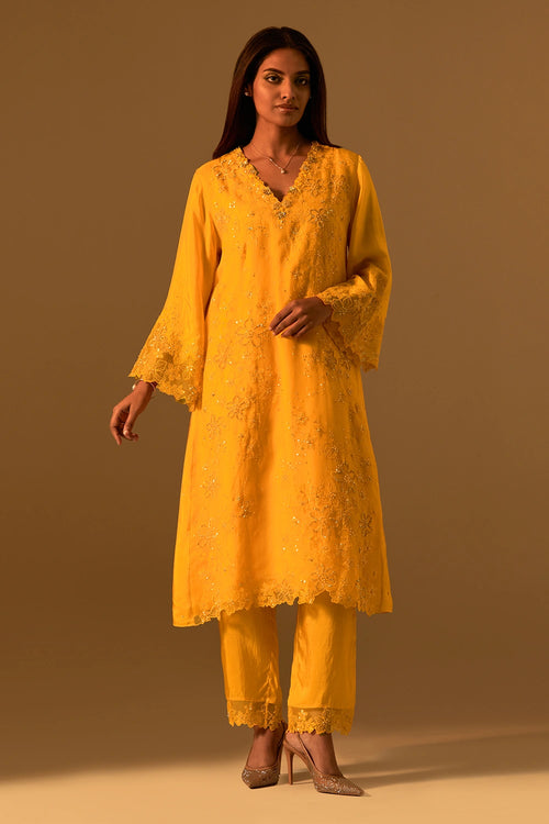 Saffron Floral Threadwork Organza Kurta Set