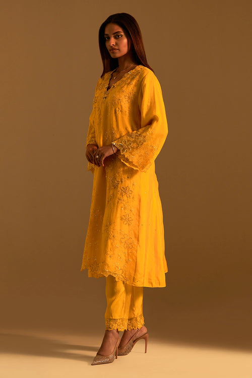 Saffron Floral Threadwork Organza Kurta Set