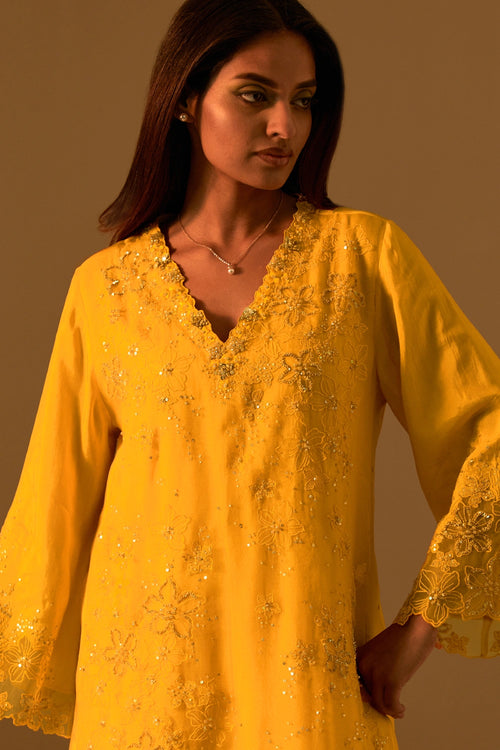 Saffron Floral Threadwork Organza Kurta Set