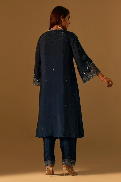 Navy Floral Threadwork Organza Kurta Set