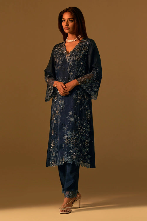 Navy Floral Threadwork Organza Kurta Set