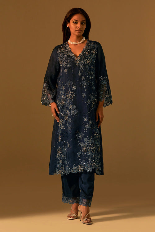 Navy Floral Threadwork Organza Kurta Set
