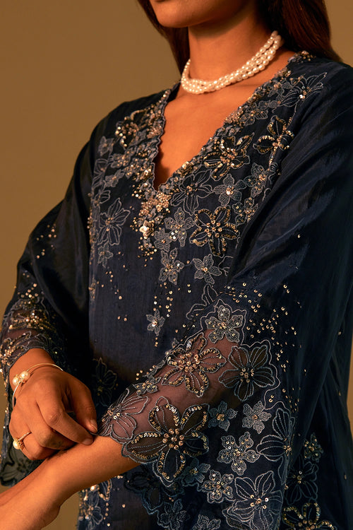 Navy Floral Threadwork Organza Kurta Set
