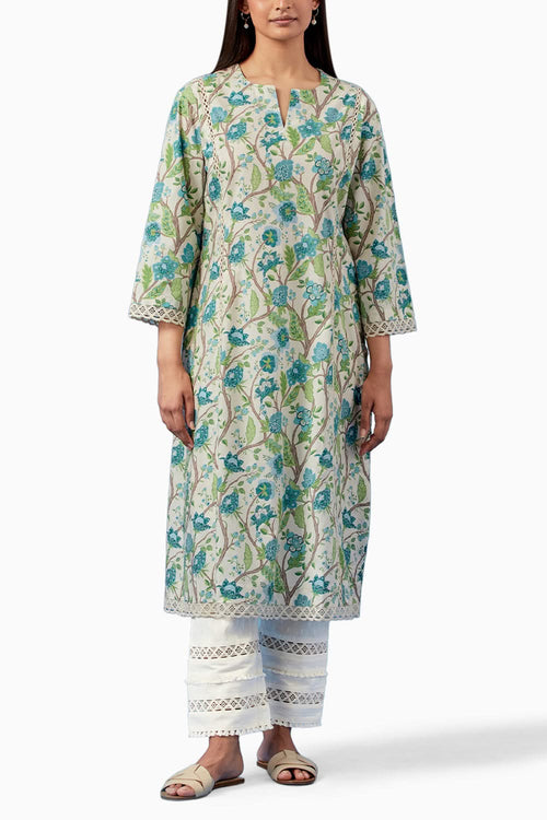 Ivory and Turquoise Kala Kurta and Pants