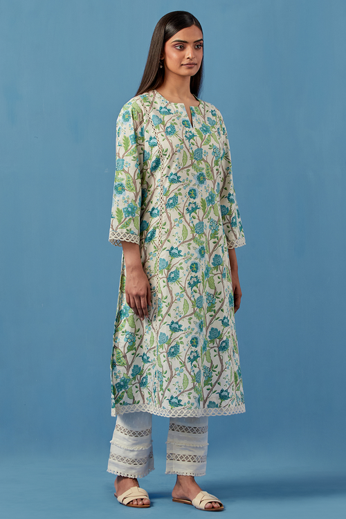 Ivory and Turquoise Kala Kurta and Pants