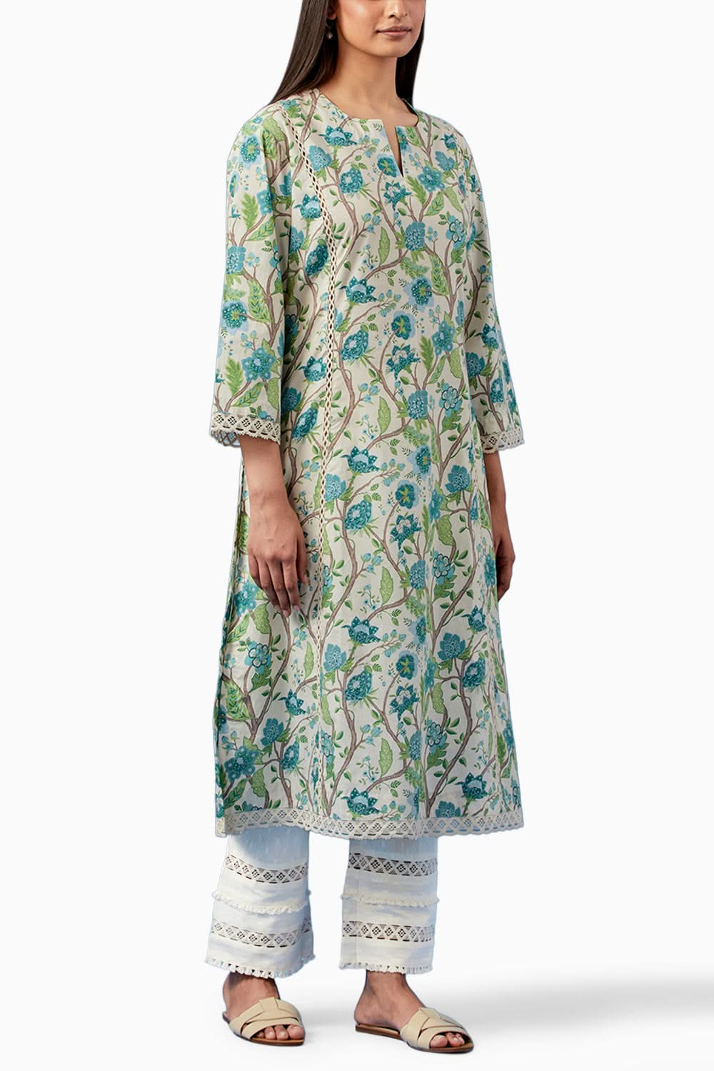 Ivory and Turquoise Kala Kurta and Pants