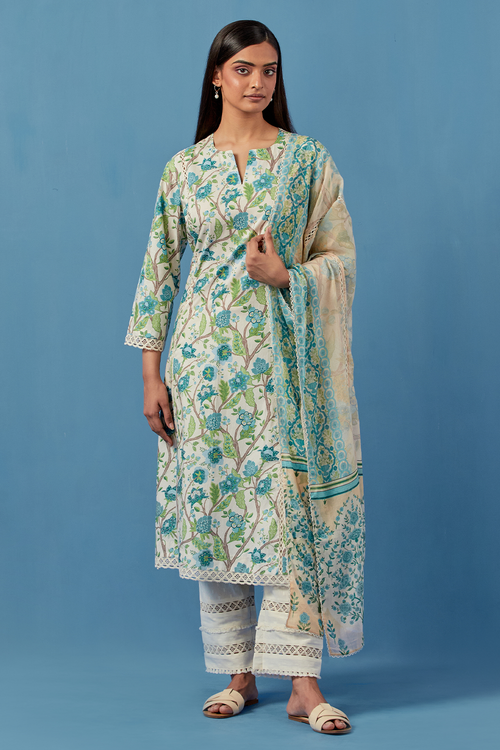 Ivory and Turquoise Kala Kurta and Pants with Dupatta