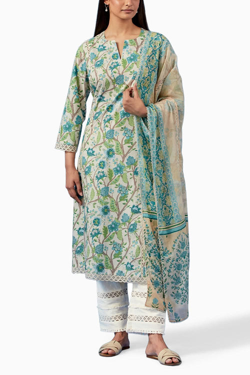 Ivory and Turquoise Kala Kurta and Pants with Dupatta