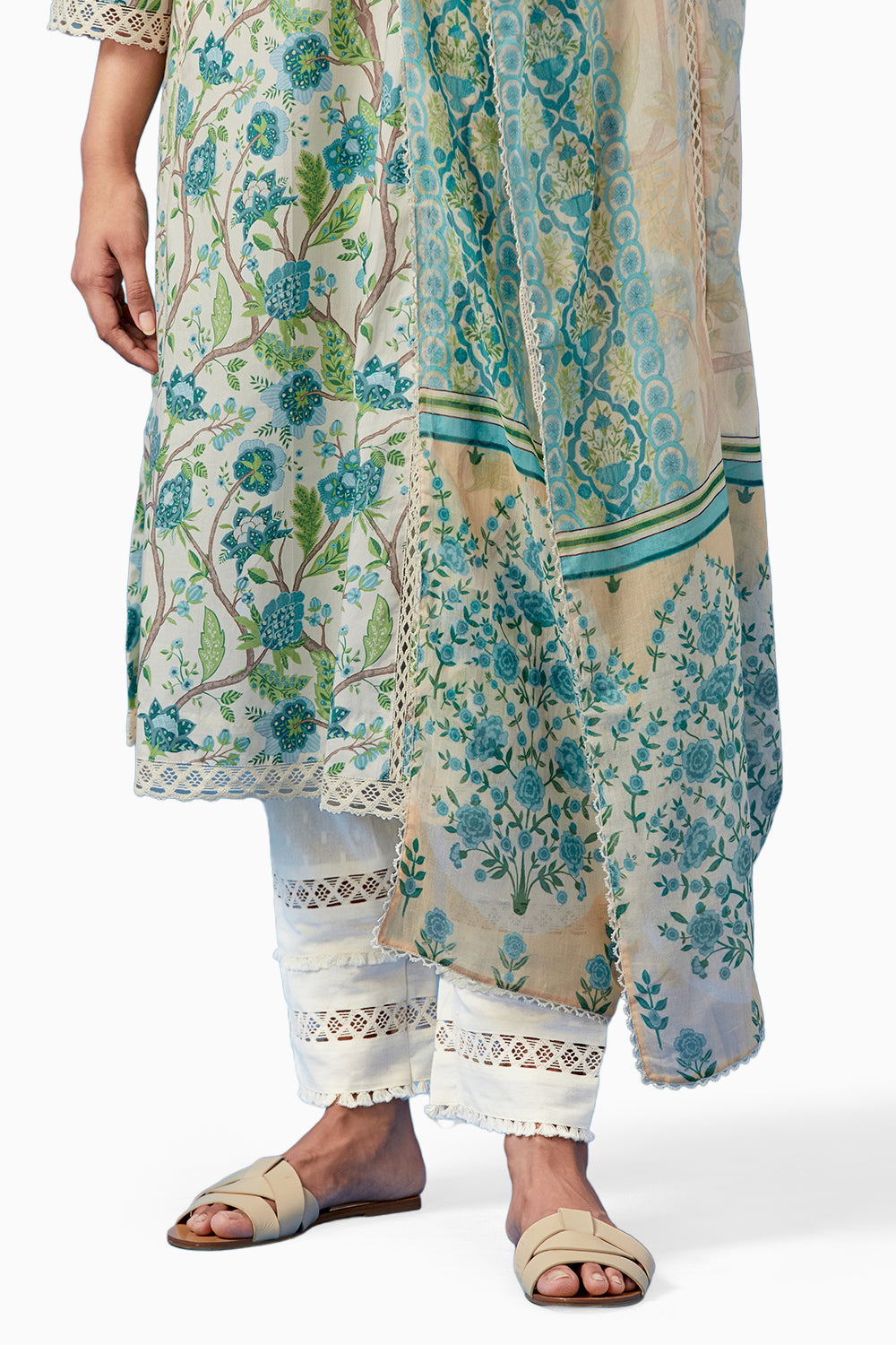 Ivory and Turquoise Kala Kurta and Pants with Dupatta