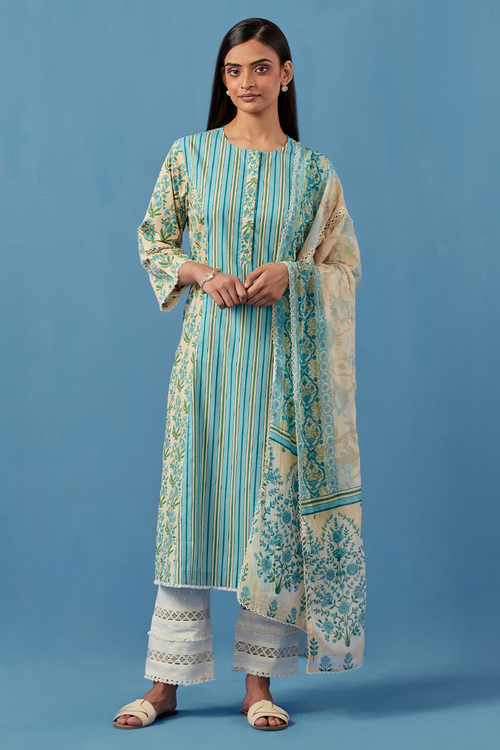 Lemon and Turquoise Malhaar Kurta and Pants with Dupatta