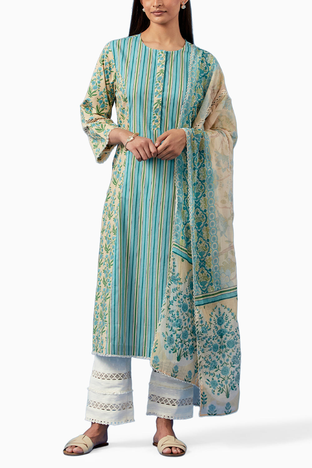 Lemon and Turquoise Malhaar Kurta and Pants with Dupatta