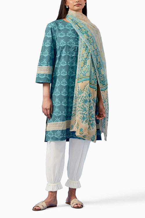 Turquoise Barkha Kurta and Pants with Dupatta