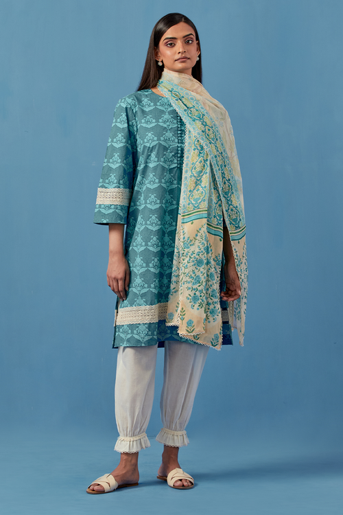 Turquoise Barkha Kurta and Pants with Dupatta