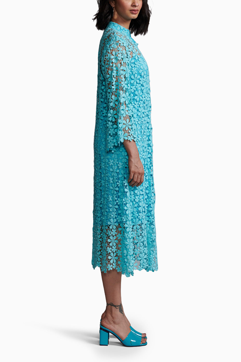 Blue Floral Lace Midi Dress