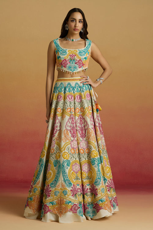 Ivory Multicolor Paisely Cordwork Bustier and Amaryllis Lehenga with Striped Dupatta