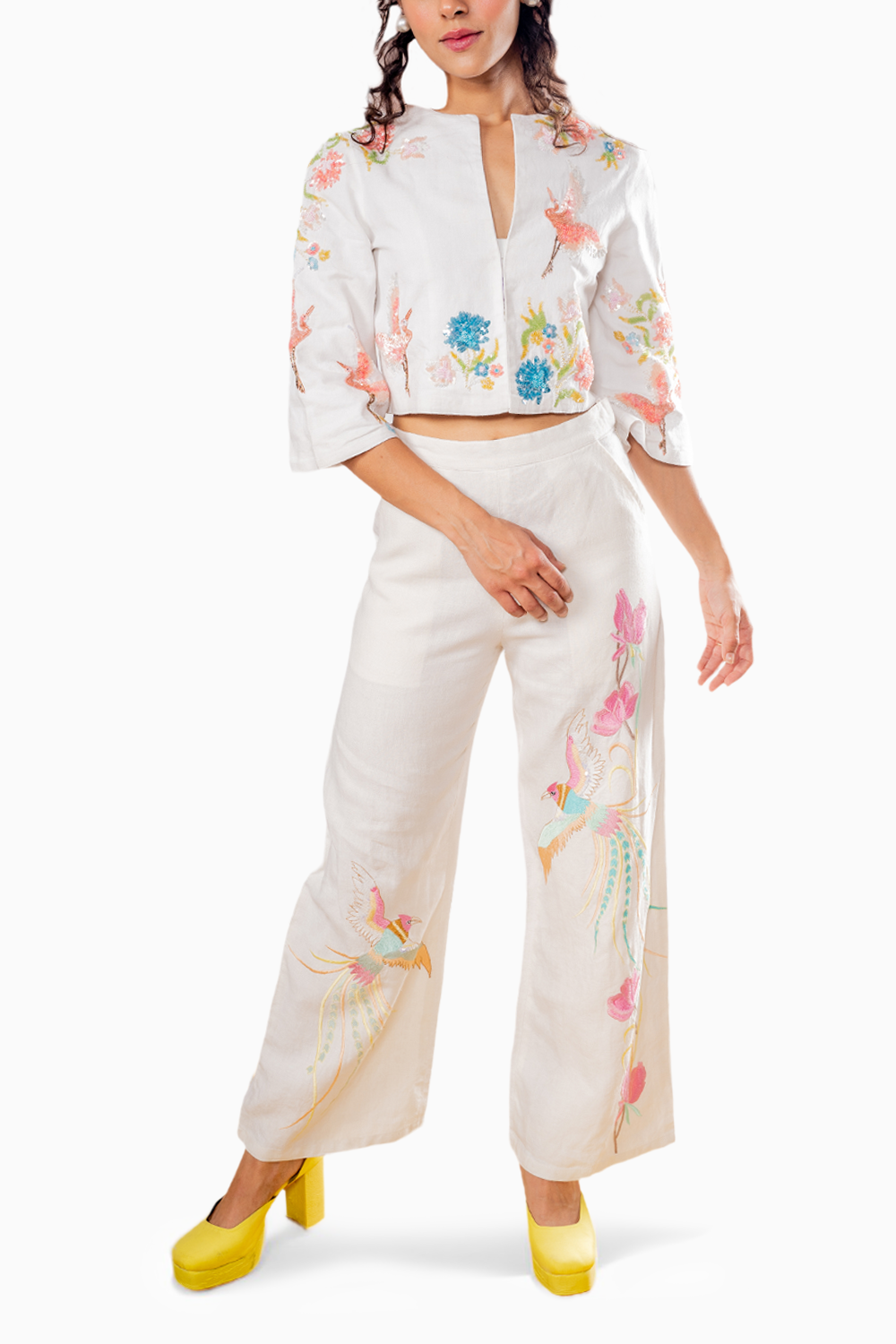 Ivory Floral Bird Pants