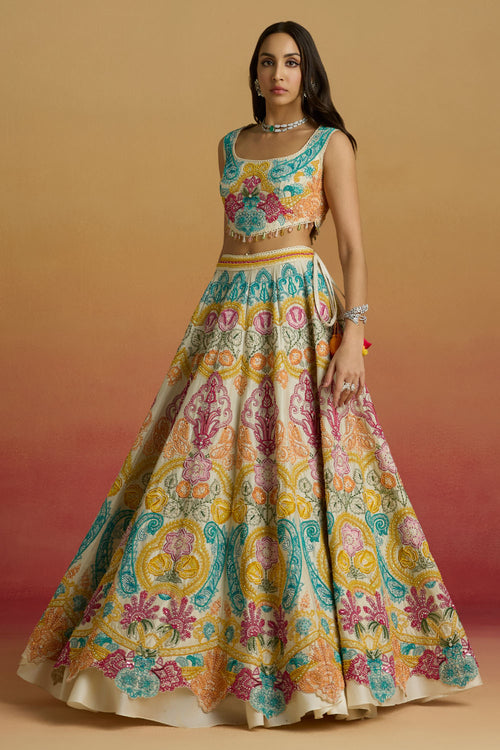 Ivory Multicolor Paisely Cordwork Bustier and Amaryllis Lehenga with Striped Dupatta