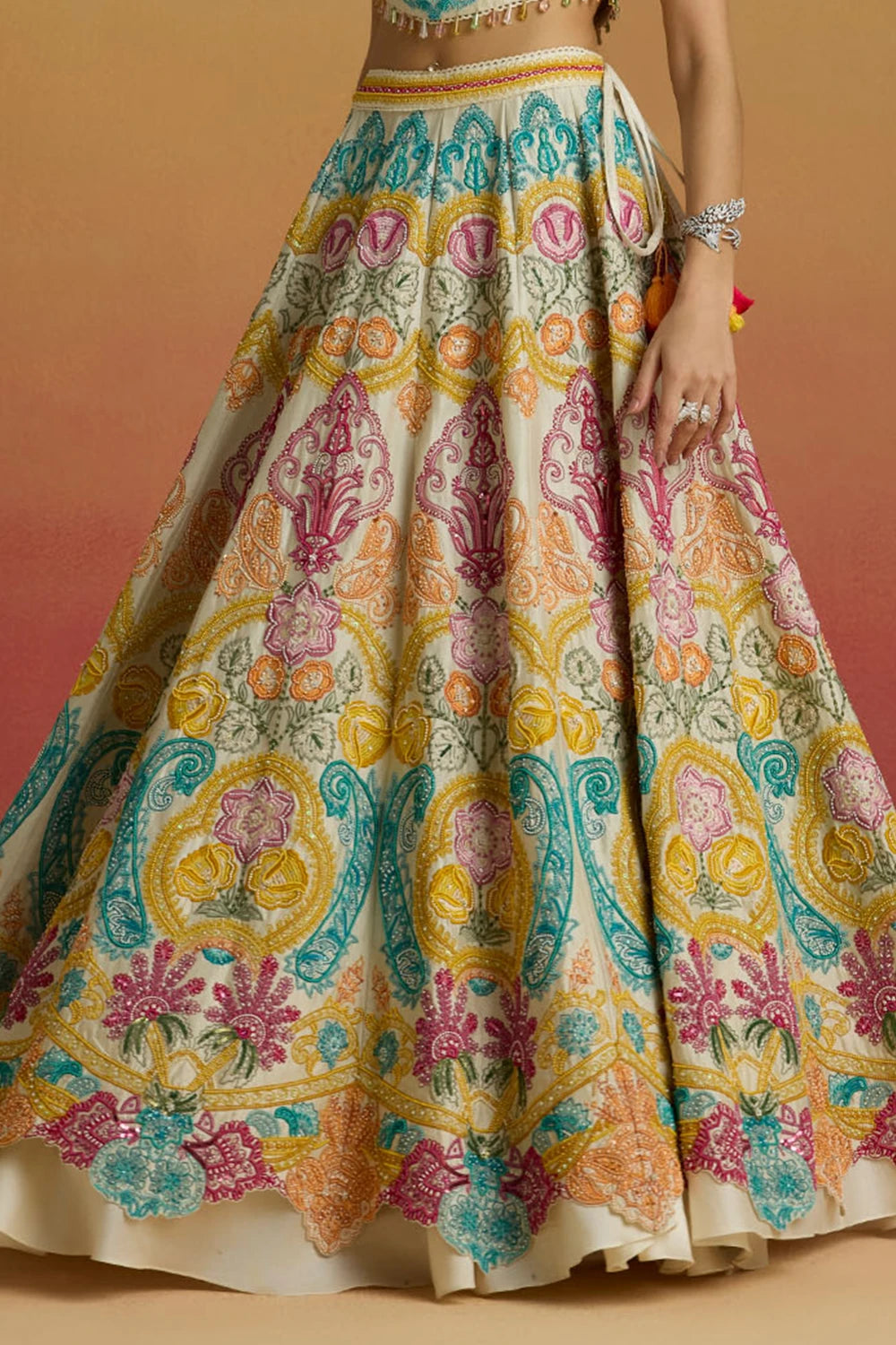 Ivory Multicolour Paisley Cordwork Amaryllis Lehenga