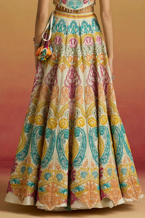 Ivory Multicolour Paisley Cordwork Amaryllis Lehenga