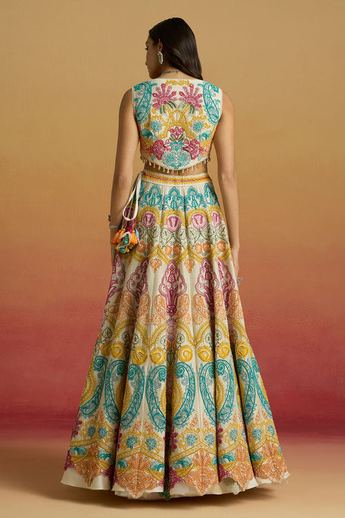 Ivory Multicolor Paisely Cordwork Bustier and Amaryllis Lehenga with Striped Dupatta