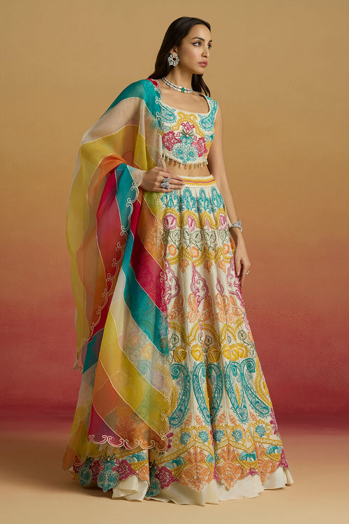 Ivory Multicolor Paisely Cordwork Bustier and Amaryllis Lehenga with Striped Dupatta