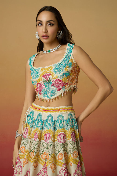 Ivory Multicolor Paisely Cordwork Bustier and Amaryllis Lehenga with Striped Dupatta