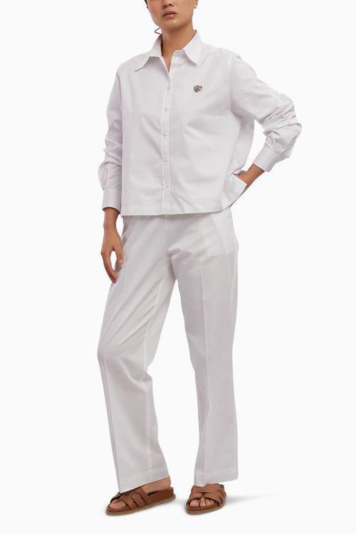 White Swarovski Heart Crop Shirt with Loose Pants