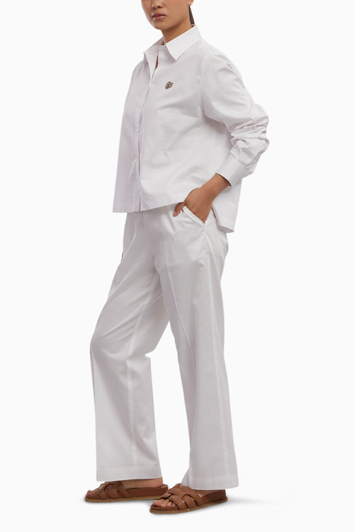 White Swarovski Heart Crop Shirt with Loose Pants