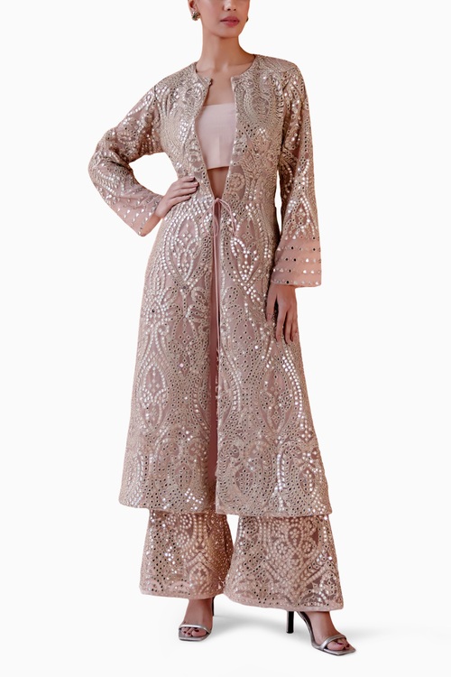 Blush Pink Long V Neck Tassel Jacket with Tissue Bandeau & Georgette Plazzos