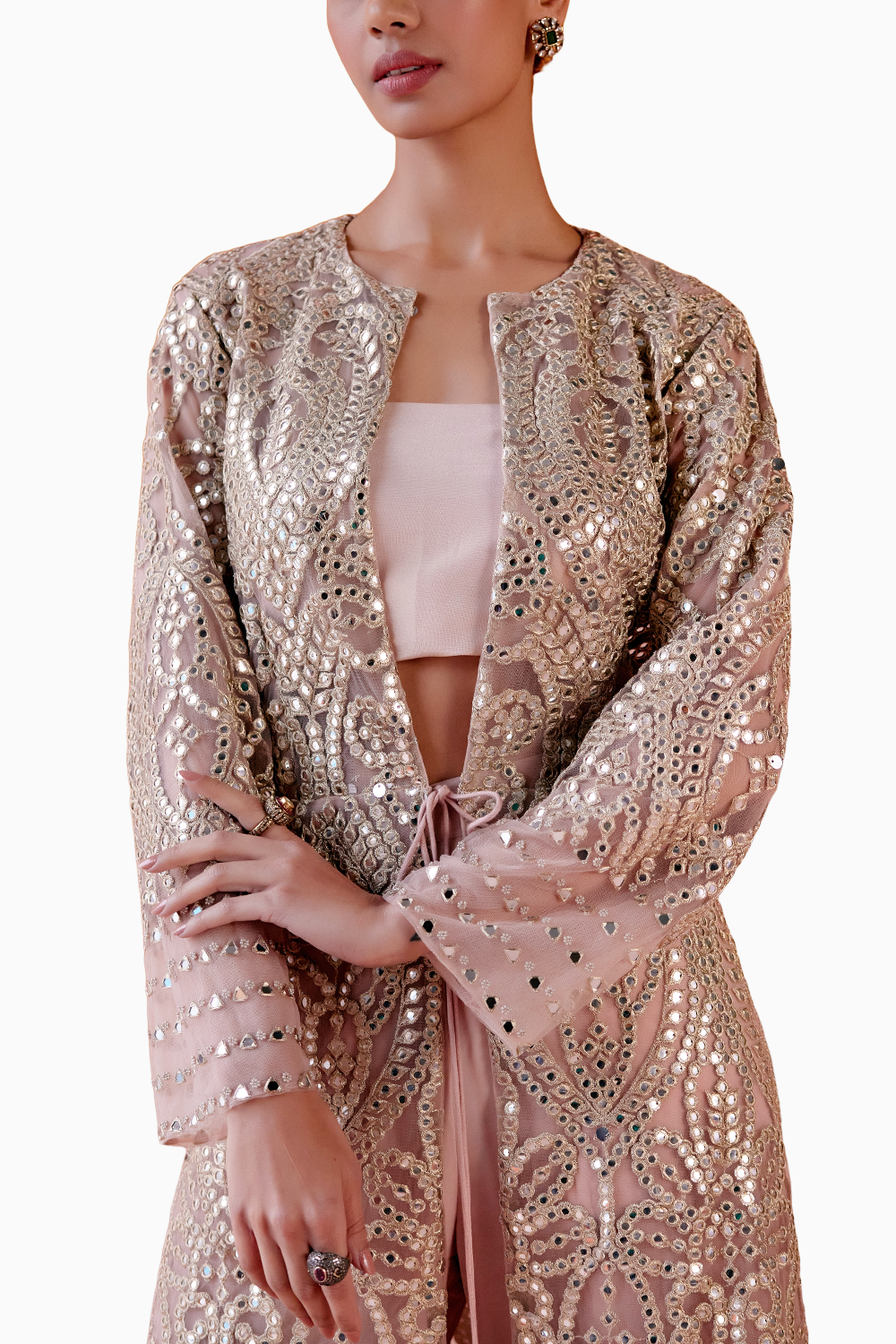 Blush Pink Long V Neck Tassel Jacket with Tissue Bandeau & Georgette Plazzos