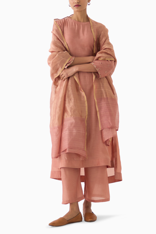 Old Rose Zari Stripped Chanderi Dupatta