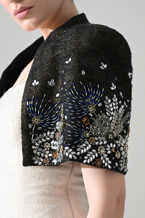 Ivory Textured Short Dress With Black Embroidered Bolero Jacket