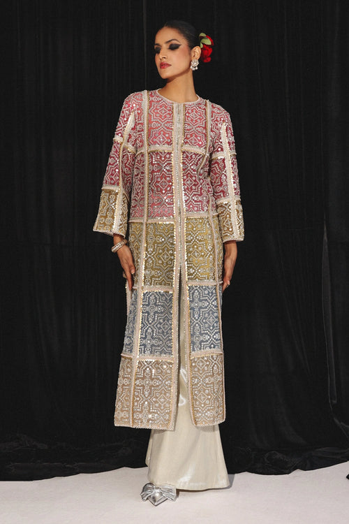 Multi Tulle Embellished Long Jacket