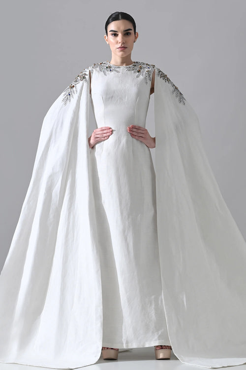 Ivory Gown With Hand-Embellished Shoulders And Draped Cape