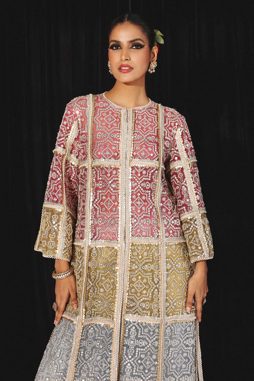 Multi Tulle Embellished Long Jacket