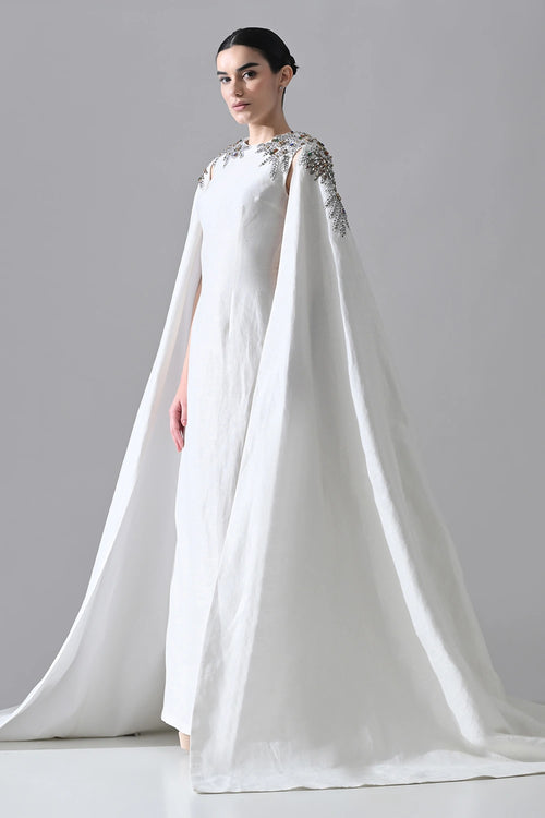 Ivory Gown With Hand-Embellished Shoulders And Draped Cape