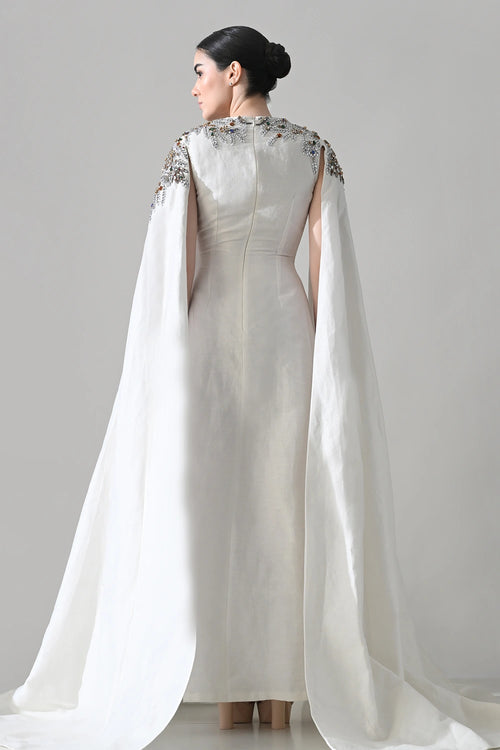 Ivory Gown With Hand-Embellished Shoulders And Draped Cape