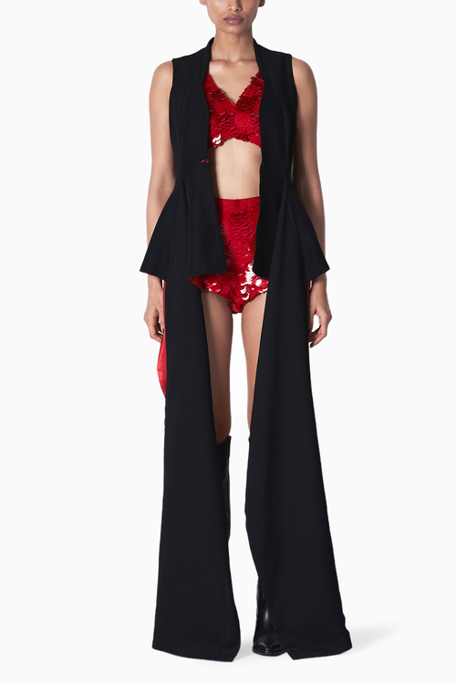 Black Gill Blouse and Red Sequa Shorts with Tanya Blazer