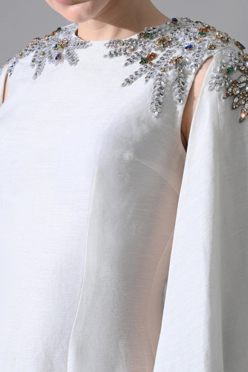 Ivory Gown With Hand-Embellished Shoulders And Draped Cape