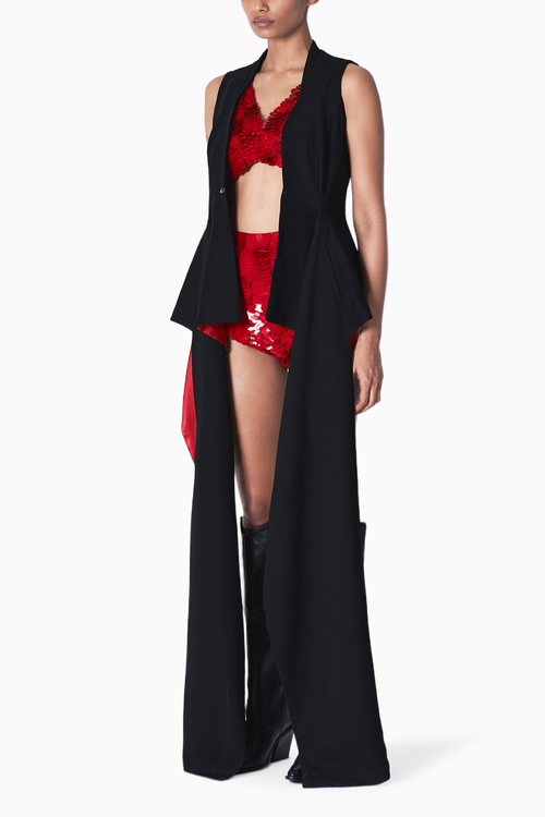 Black Gill Blouse and Red Sequa Shorts with Tanya Blazer