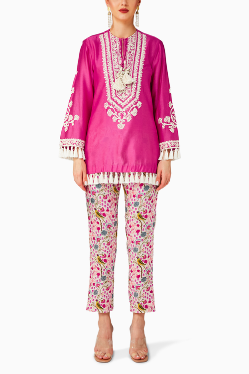 Rani Pink Embroidered Kurta And White Parrot Pant Set