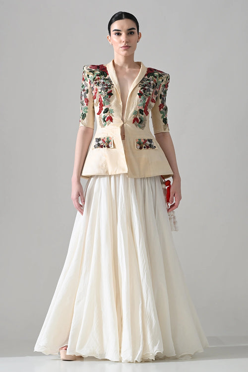 Beige Embroideredtailored Jacket With Skirt