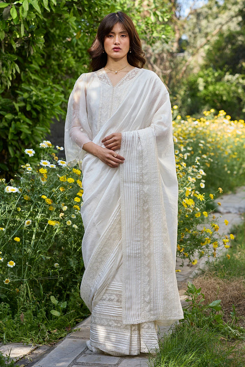Wander Trail Ivory Embroidered Saree With Blouse